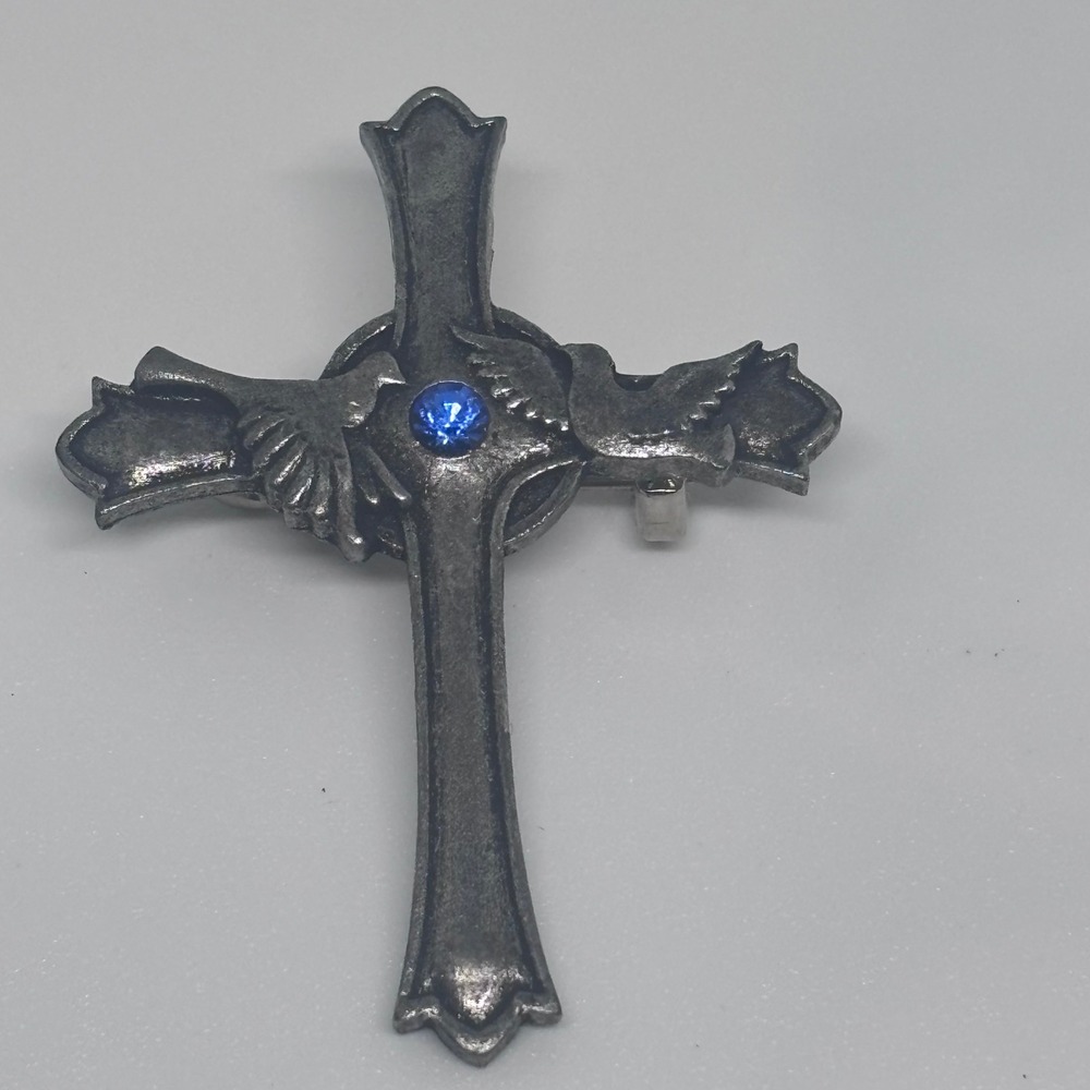 Boehm Cross Brooch Pewter Tone Blue Rhinestone Vintage Signed